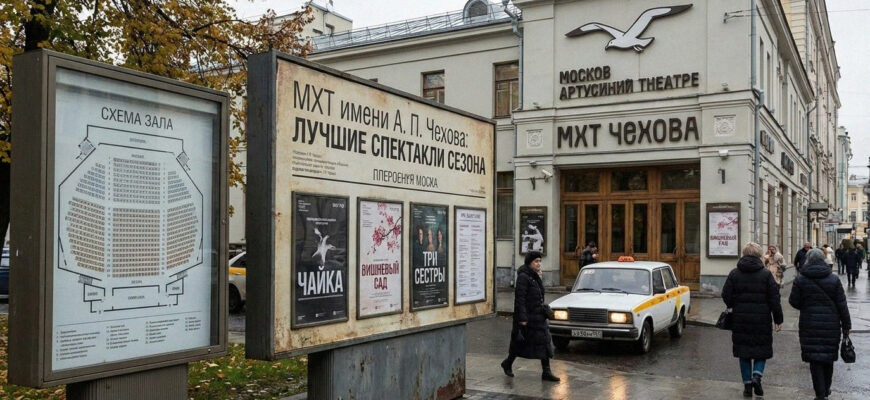 Здание и схема зрительного зала МХТ имени Чехова, афиша лучших спектаклей сезона