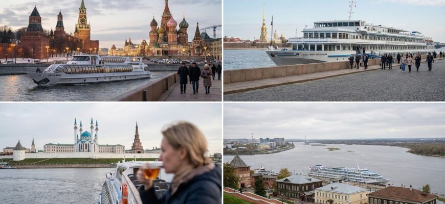 Туристический теплоход плывет по реке во время круиза по России