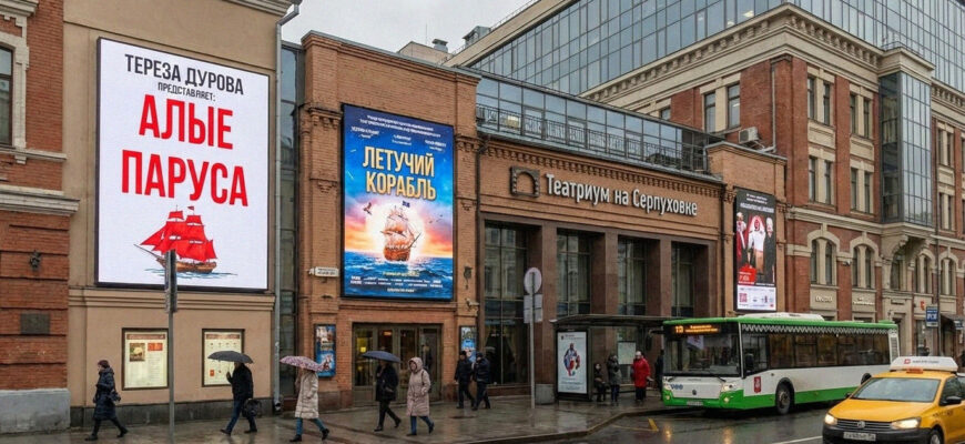 Здание Театриума на Серпуховке и афиша спектаклей театра Терезы Дуровой в Москве